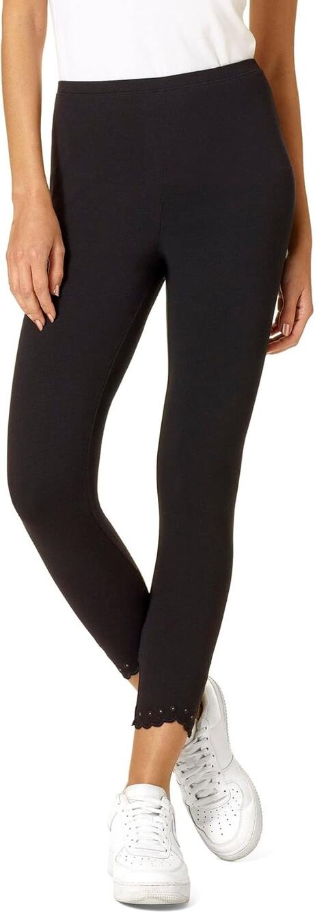 Hue Women Black Cotton Stretch Eyelet Scalloped Trim Capri Leggings Pants Size S